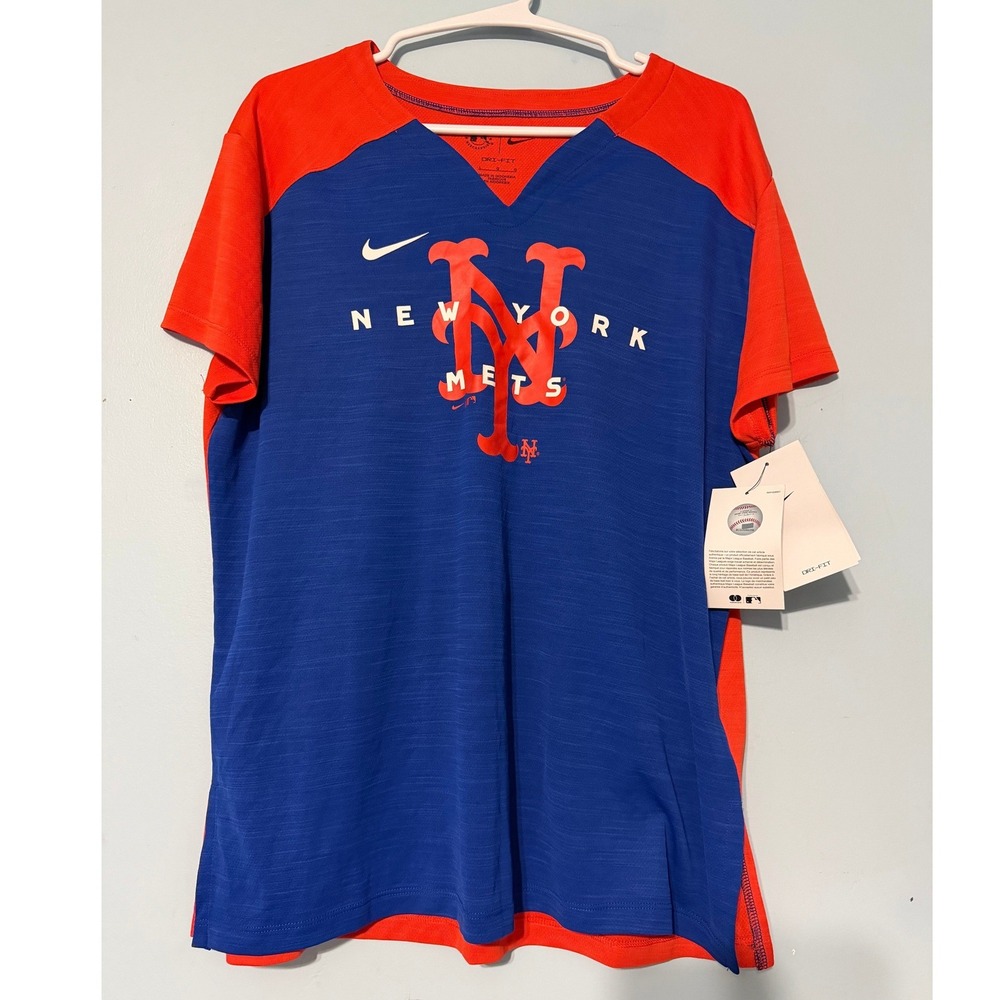 Nike Women's Large New York Mets MLB Dri-FIT T-Shirt Blue Orange V-Neck 2184